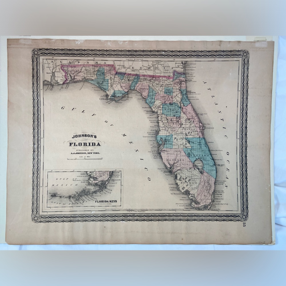 Antique 1863 Paper Map of Florida Civil War Era‎ AJ Johnson